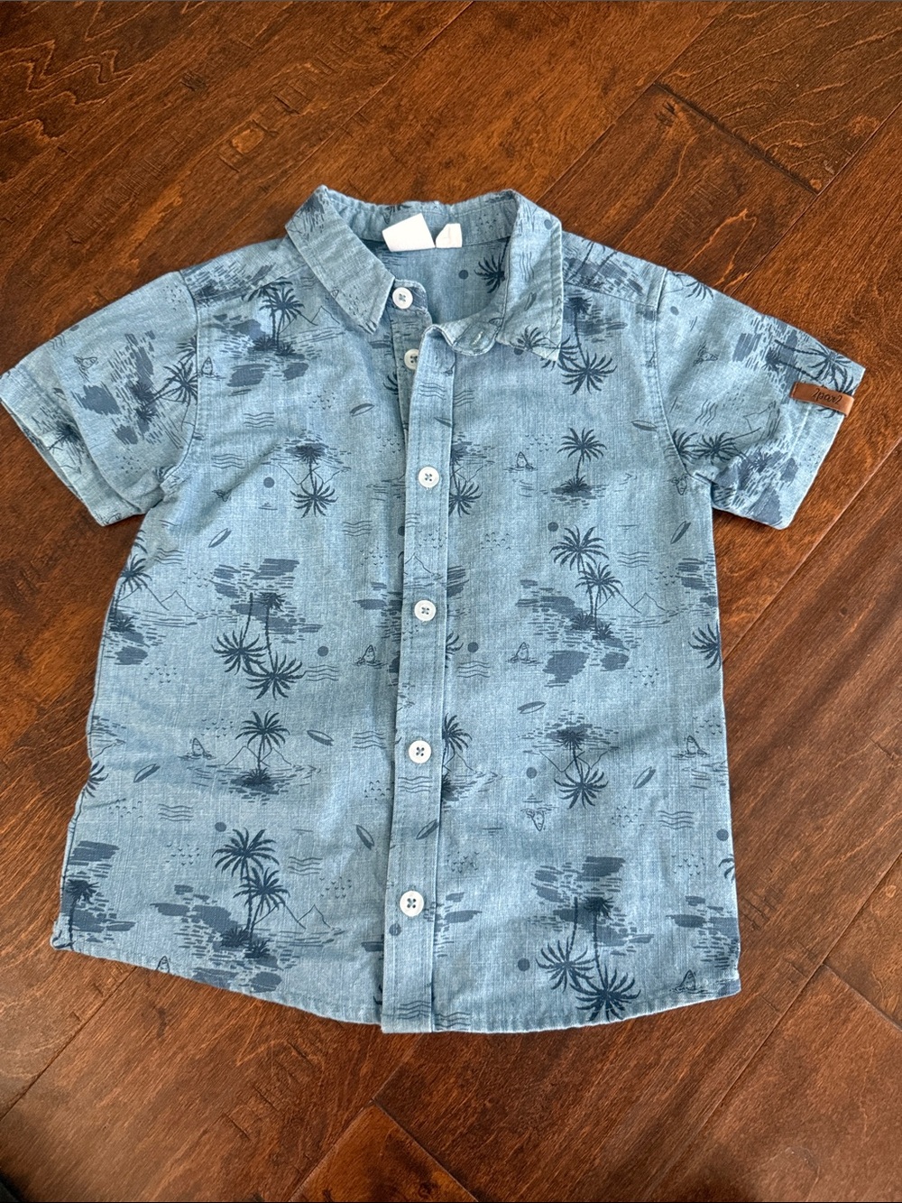 deux par deux Light Blue Palm-Print Short Sleeve Button Shirt